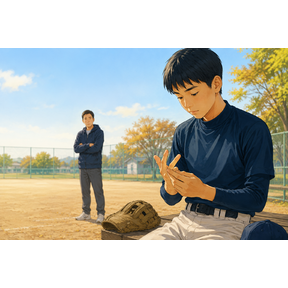 練習後に右手中指の違和感を確認する少年野球の投手と見守る指導者のイラスト