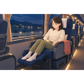 夜行バスのレッグレストで両足を支え、膝がつらくならない姿勢を調整する乗客