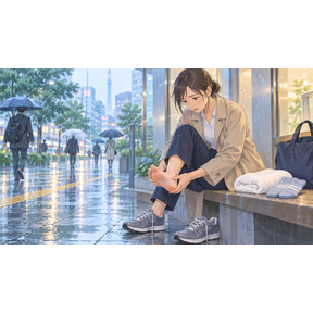 大雨の通勤後、濡れた靴を脱いで足裏の痛みを確認する人