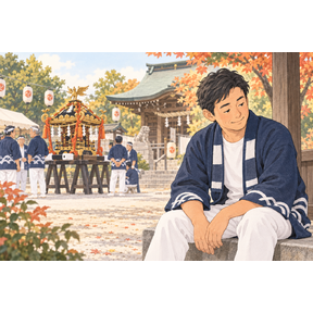神輿を担いだ後、境内で肩を休める人のイラスト